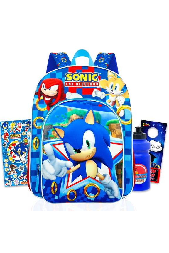 Backpack Set for Kids - Bundle with Deluxe 16" Sonic Backpack Featuring Tails, Knuckles Plus Stickers, Water Bottle, More | Sonic and Friends Backpack for Boys