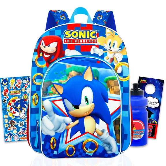 Sonic the Hedgehog Backpack Set for Kids - Bundle with Deluxe 16" Sonic Backpack Featuring Tails, Knuckles Plus Stickers, Water Bottle, More | Sonic and Friends Backpack for Boys