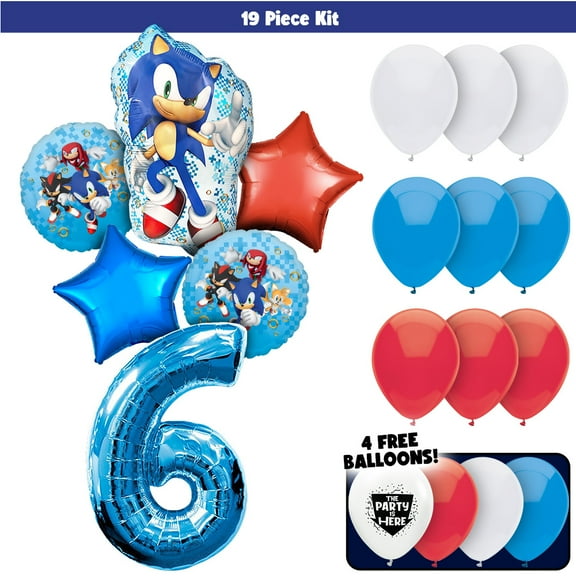 20pc Sonic the Hedgehog Balloons Bouquet Kit - Kids Party Decor Decoration Supplies with 42" Blue Number 6 Balloon - Video Game Birthday Balloons