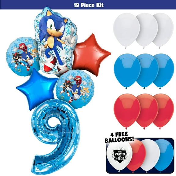 20pc Sonic the Hedgehog Balloons Bouquet Kit - Kids Party Decor Decoration Supplies with 42" Blue Number 9 Balloon - Video Game Birthday Balloons