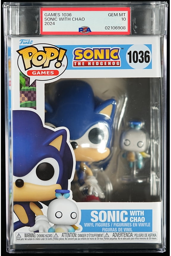 Sonic the Hedgehog, PSA Graded 10 GEM MINT, Sonic with Chao Collectible Vinyl Figure #1036, Fully Encapsulated Bundle with Compatible Funko Pop! PSA Hard Protector Case