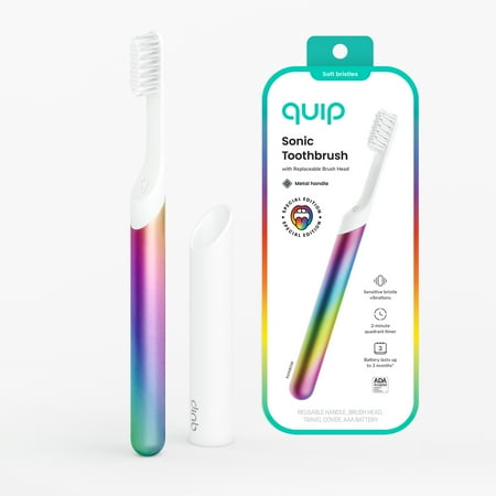 quip Sonic Battery Electric Toothbrush, Soft Bristles, with Travel Cover and AAA Battery, 1 Count, Rainbow Metal