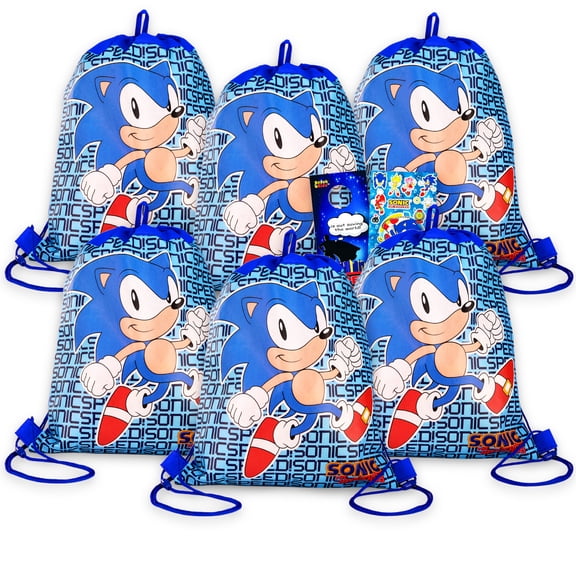 Sonic Party Favor Bags Set - Bundle with 6 Cinch Bags for Kids Plus Stickers, More | Sonic the Hedgehog Birthday Party Supplies for Kids, Boys, Girls