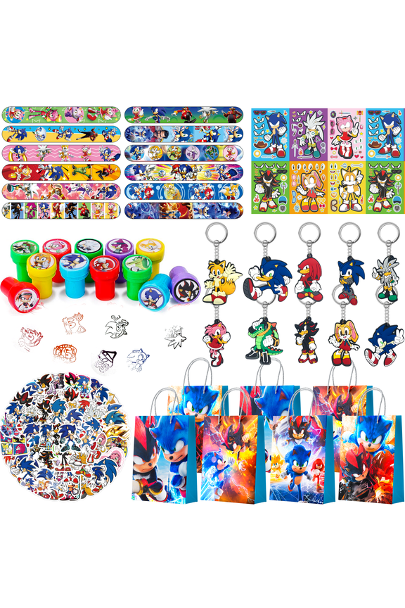 Sonic Party Favors for Kids, Sonic Birthday Party Favors Set- Sonic Gift Bags Key Chains Stickers Slap Bands etc Sonic Party Supplies for Sonic Birthday Decorations