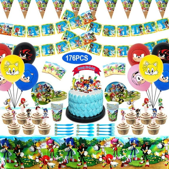 Sonic Party Supplies for Kids Birthday, Sonic Party Decorations Included Banner Tableware Cutlery Table cloth - 20 Guests