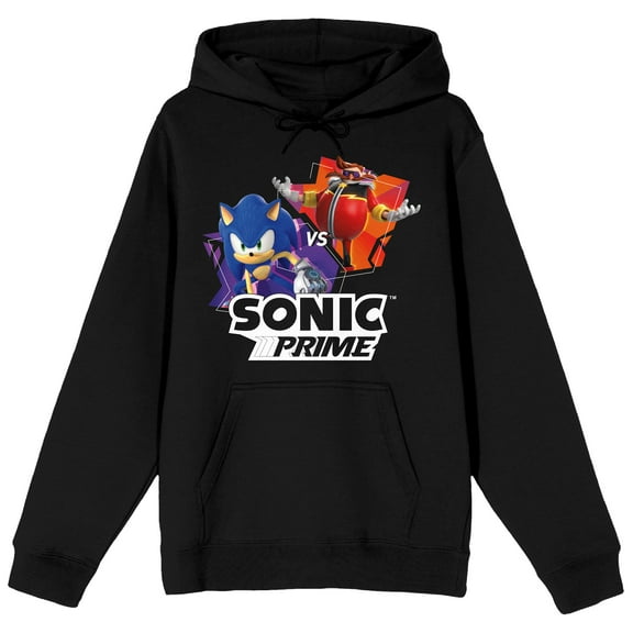 Sonic Prime Sonic Vs Eggman Long Sleeve Black Adult Hooded Sweatshirt-Large