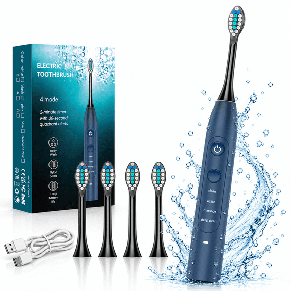 Sonic Rechargeable Electric Toothbrush, 39600 VPM, 45-Day Battery Life, Includes 4 DuPont Brush Heads, 4 Cleaning Modes, Smart 2-Minute Timer, USB-C Charging, IPX7 Waterproof, Blue
