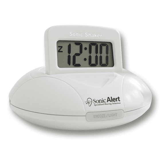 Sonic Shaker SBP200 White Compact Travel Alarm Clock  Pop-Up LCD Digital Screen  Bed Shaker Vibration  Buzz and Vibrate Modes  Rechargeable Alarm Clock