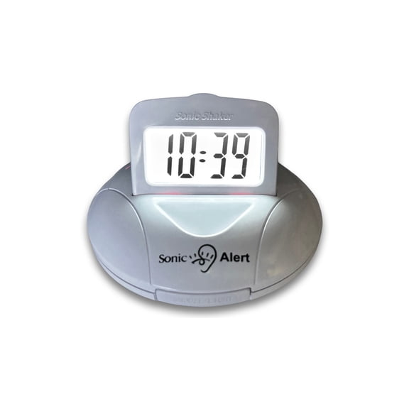 Sonic Shaker SBP200 White Compact Travel Alarm Clock  Pop-Up LCD Digital Screen  Bed Shaker Vibration  Buzz and Vibrate Modes  Rechargeable Alarm Clock