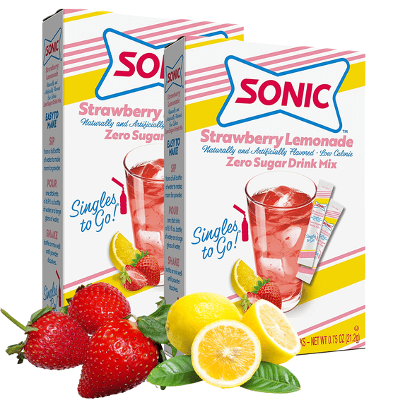 Sonic Singles To Go Powder Drink Mix Strawberry Lemonade Flavored -Sugar Free Low-Calorie & Delicious Fruity Taste Water Enhancer Quick & Convenient Water Beverages (2 Boxes- 12 Total Servings)