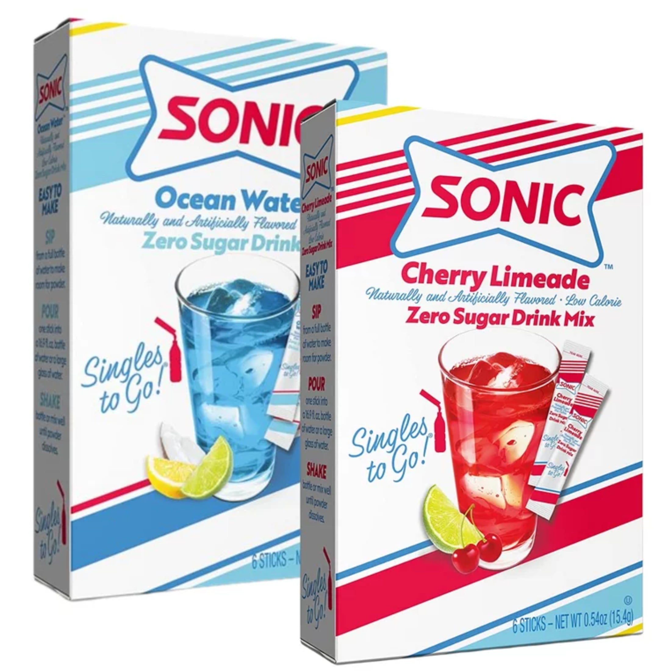 Sonic Singles To Go Powdered Drink Mix, 1 Ocean Water And 1 Cherry Limeade Flavored Water Enhancer Sugar-Free And Non-Carbonated Drinking Beverages Quick Convenient 2 Boxes 6ct Each 12 Total Servings