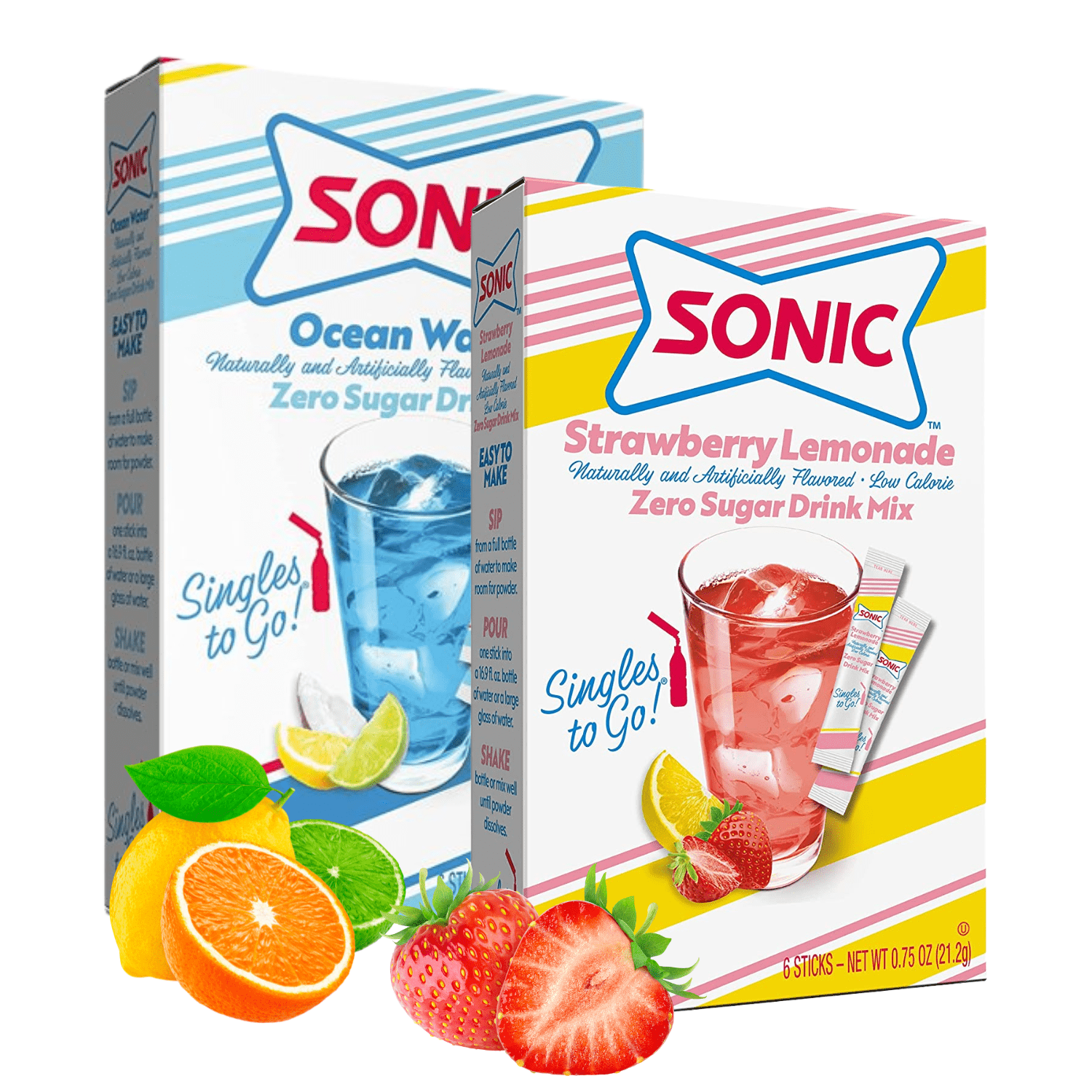Sonic Singles To Go Powdered Drink Mix, 1 Ocean Water And 1 Strawberry Limeade Flavored Water Enhancer Sugar-Free And Non-Carbonated Beverages Quick Convenient 2 Boxes 6 Sticks Each 12 Total Servings