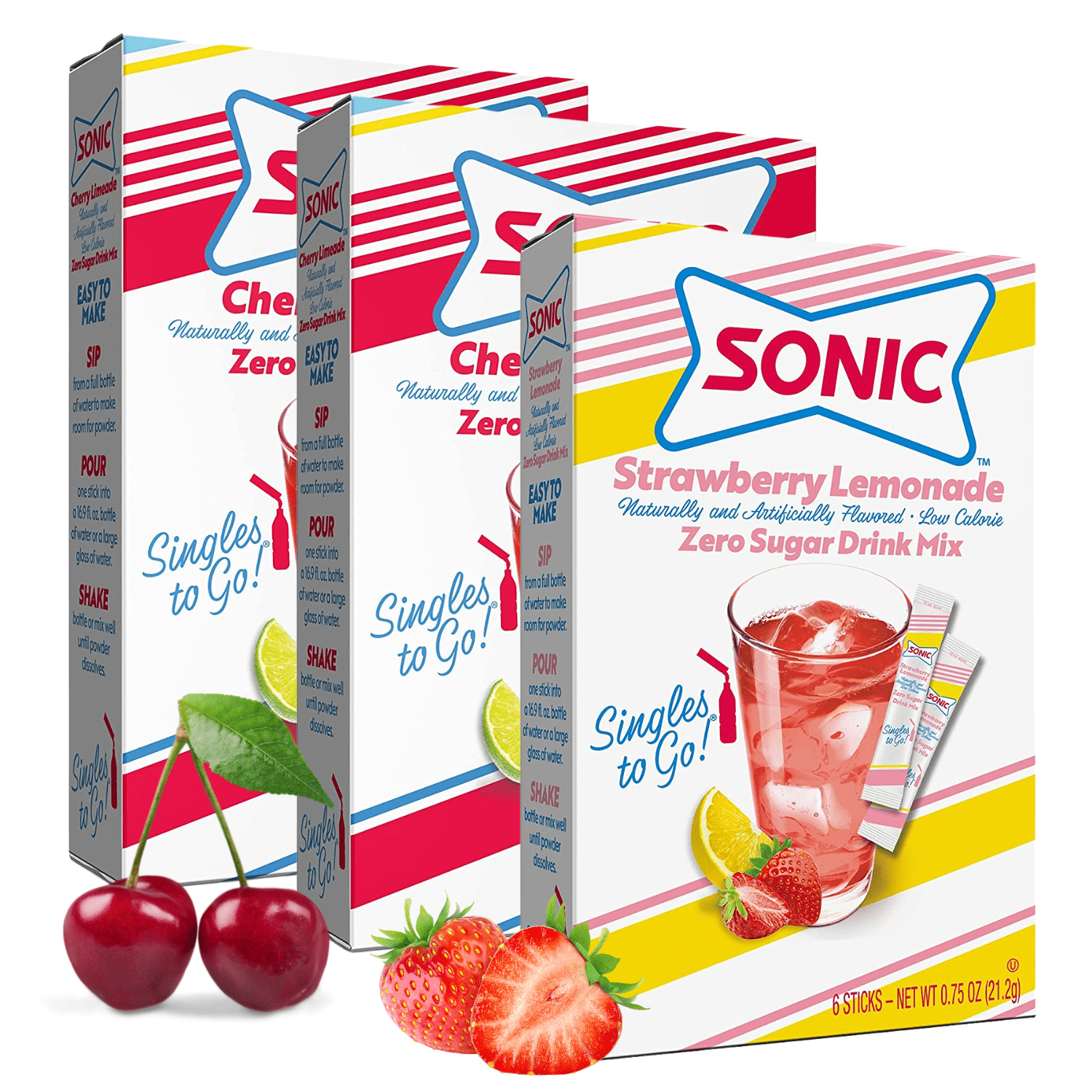 Sonic Singles To Go Powdered Drink Mix, 1 Strawberry And 2 Cherry Limeade Flavored Water Enhancer Sugar-Free And Non-Carbonated Beverages Quick And Convenient 3 Boxes 6 Sticks Each 18 Total Servings