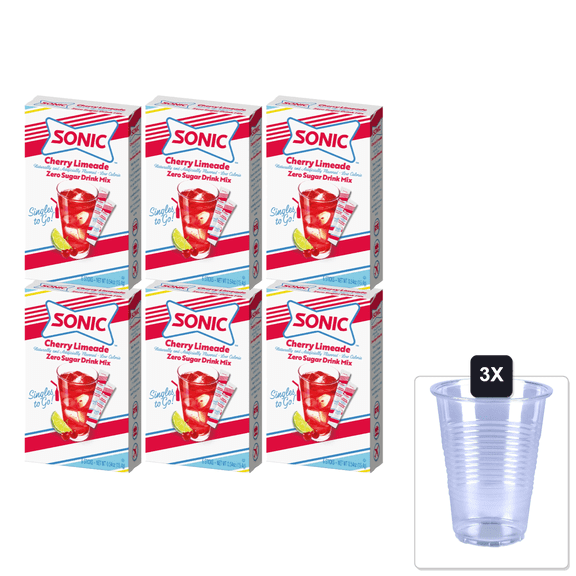 Sonic Singles To Go! Sonic Singles To Go Powdered Drink Mix, Cherry Limeade, 6 Sticks Per Box,(Pack Of 6) & 3x 16oz Plastic Cup with Strawless Sip-Lid