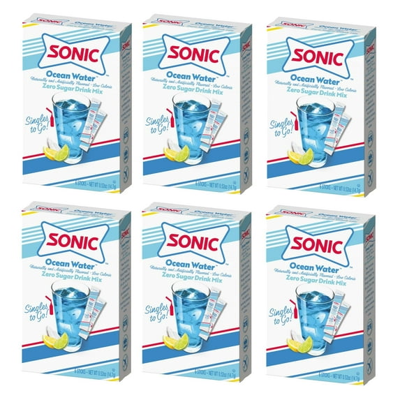 Sonic Singles To Go Powdered Drink Mix, Ocean Water, 6 Sticks Per Box, 6 Boxes Included (36 Sticks Total)