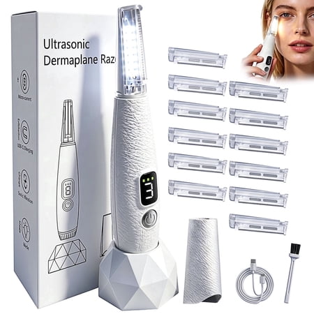 Sonic Smooth Dermaplane for Women Face: Electric Dermaplaning Tool for Flawless Skin - Non-Irritating Peach Fuzz & Facial Hair Remover w/8 Refill Blades&LED Light, Perfect Razor Gift for Her (White)