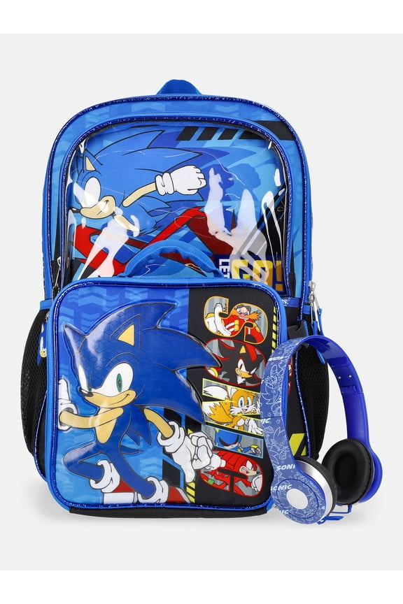 the Hedgehog 17" Backpack, Lunch Tote and Headphones Set, 3-Piece, Blue