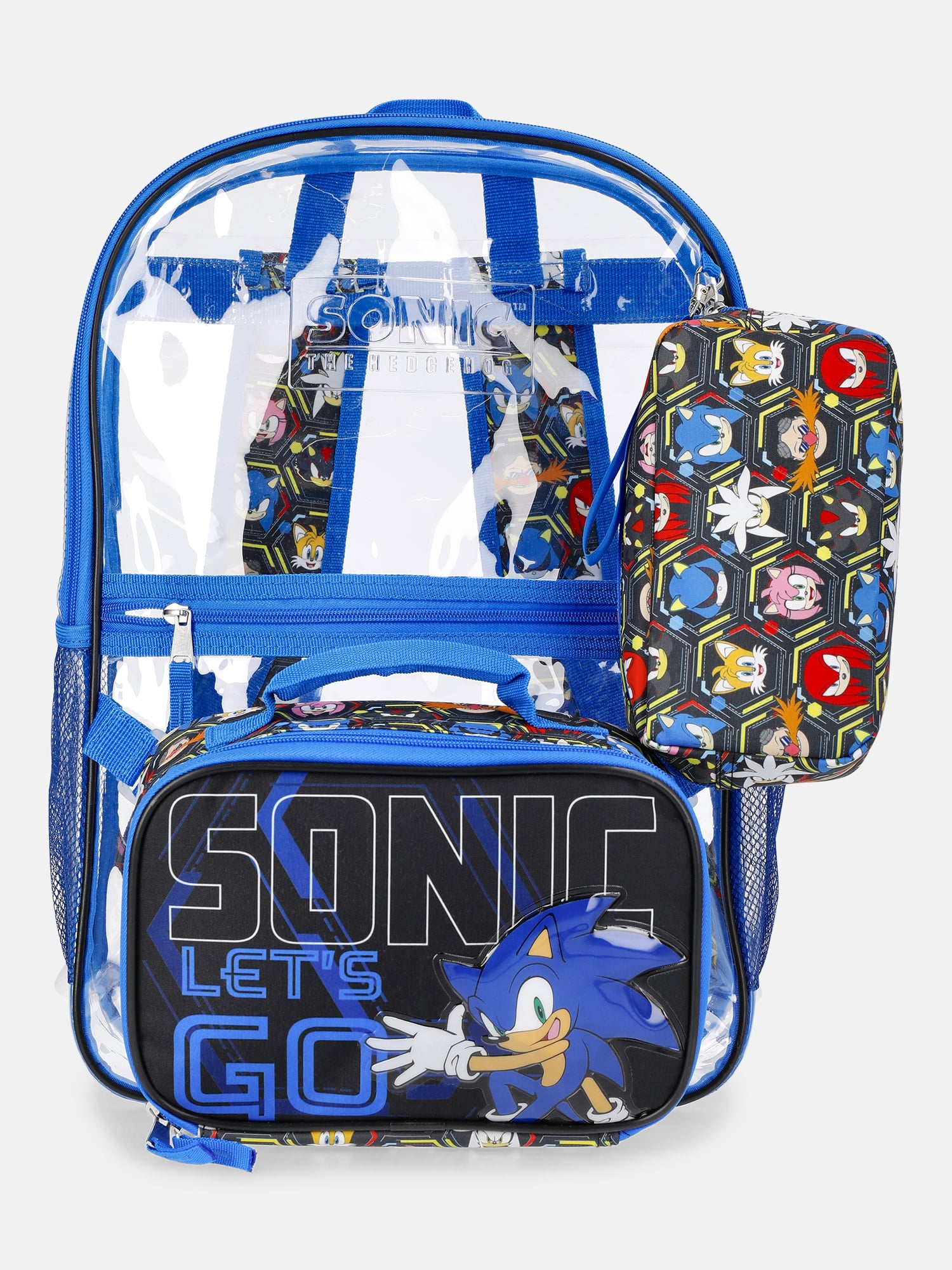 SEGA Sonic the Hedgehog Kids' 17" Clear Backpack, Lunch Tote and Pouch Set, 3-Piece, Blue