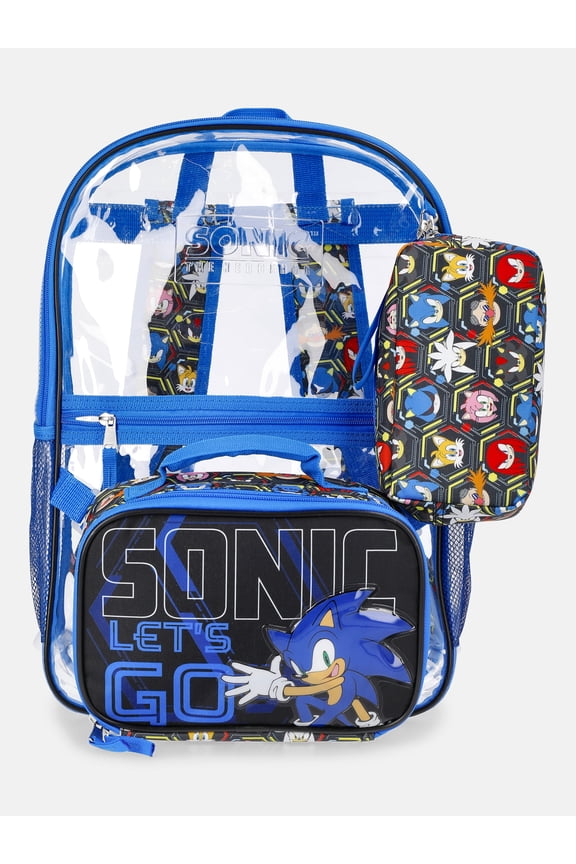 SEGA Sonic the Hedgehog Kids' 17" Clear Backpack, Lunch Tote and Pouch Set, 3-Piece, Blue