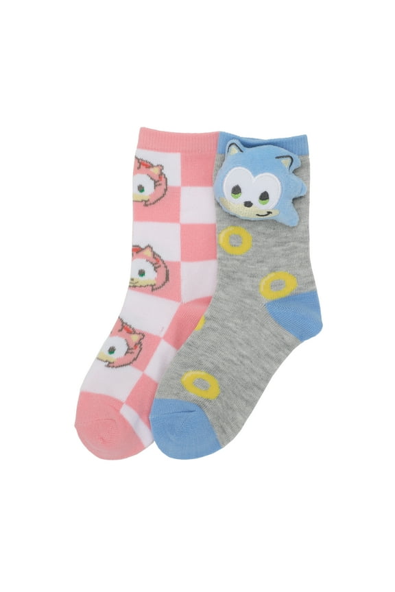 Sonic The Hedgehog 3D Plush Sonic & Amy Head Youth Girls 2-Pair Crew Socks