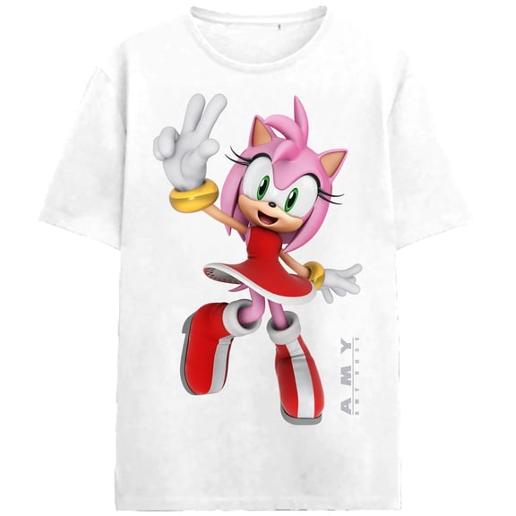 Sonic The Hedgehog Amy Peace Adult White Crew Neck Short Sleeve T-shirt-Large