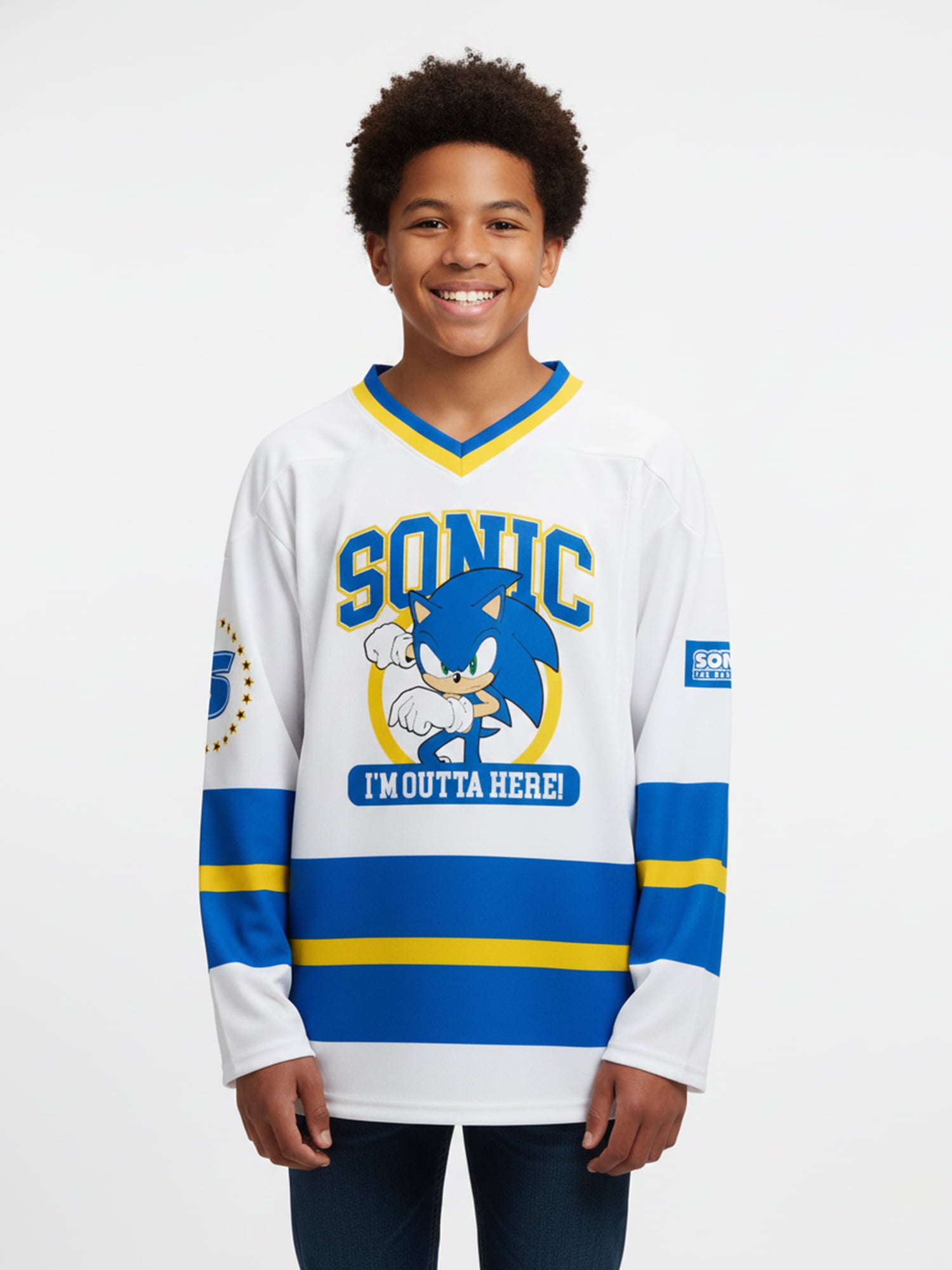 Sonic the Hedgehog Boys and Big Boys I'm Outta Here Graphic Hockey Jersey, Sizes 4-18