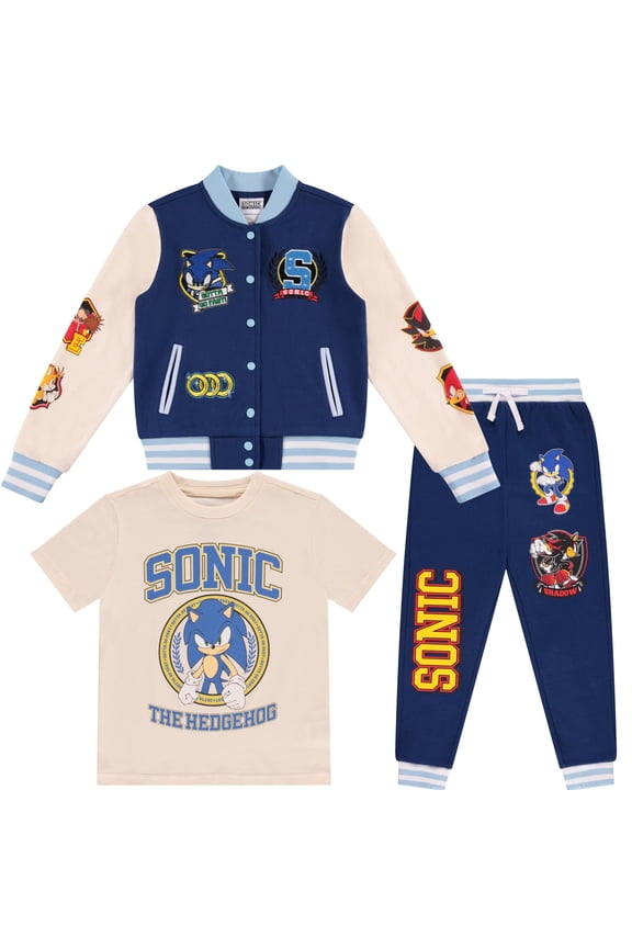 Sonic The Hedgehog Boys Varsity Jacket, T-Shirt and Jogger Sweatpants 3-Piece Outfit Set- Sizes 4-12, Navy/Cream, 6-7