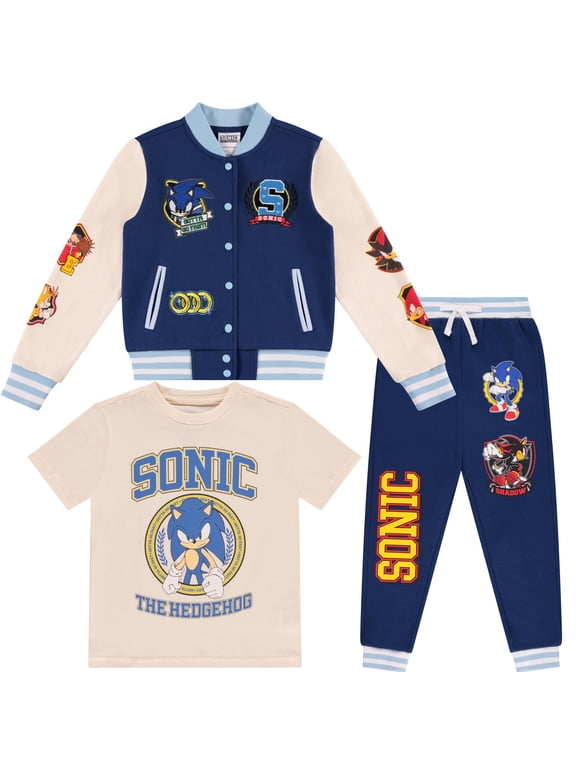 Sonic The Hedgehog Boys Varsity Jacket, T-Shirt and Jogger Sweatpants 3-Piece Outfit Set- Sizes 4-12