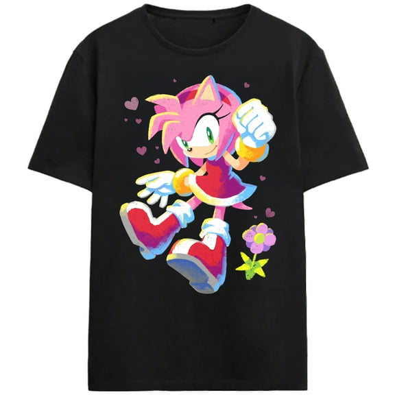Sonic The Hedgehog Chalk Amy Adult Black Crew Neck Short Sleeve T-shirt-Medium