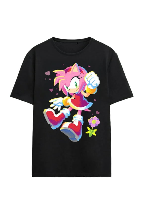 Sonic The Hedgehog Chalk Amy Adult Black Crew Neck Short Sleeve T-shirt-Medium