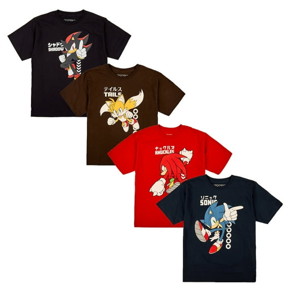 Sonic The Hedgehog Characters & Kanji Boy's 4-Pack T-shirt Set 8 (M)