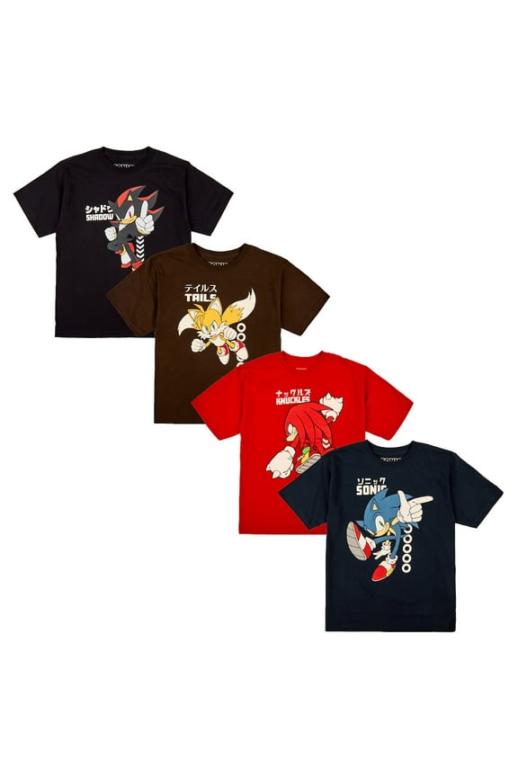 Sonic The Hedgehog Characters & Kanji Boy's 4-Pack T-shirt Set 8 (M)