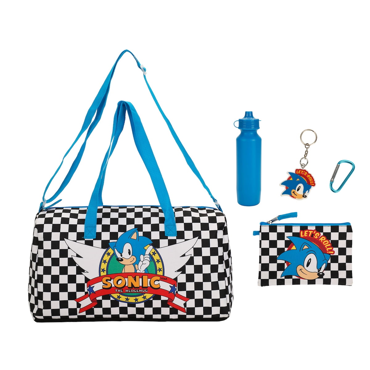 Sonic The Hedgehog Classic 5-Pc Duffle Bag Utility Case Water Bottle Key Chain and Carabiner