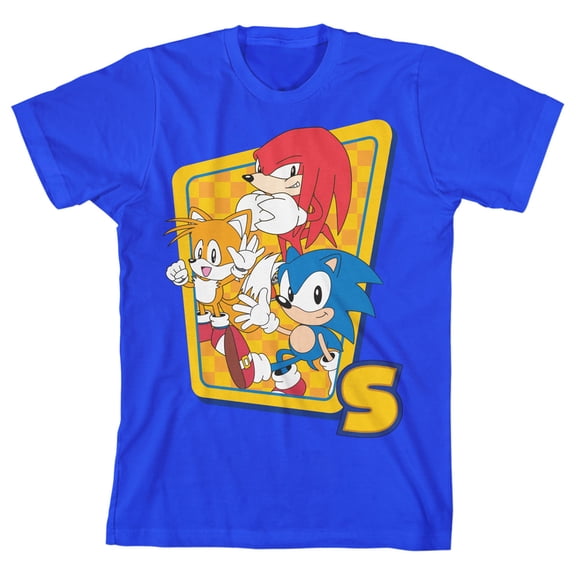 Sonic The Hedgehog Classic Character Group Frame Youth Royal Blue Crew Neck Short Sleeve T-shirt-Large
