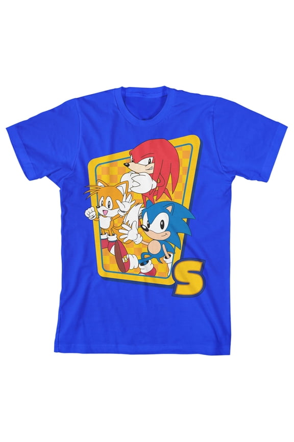 Sonic The Hedgehog Classic Character Group Frame Youth Royal Blue Crew Neck Short Sleeve T-shirt-Large