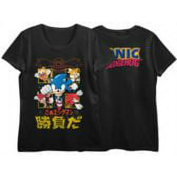 Sonic The Hedgehog Classic Characters & Kanji Crew Neck Short Sleeve Women's Black T-shirt 
-XL