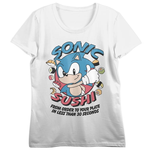 Sonic The Hedgehog Classic Food Frenzy Crew Neck Short Sleeve Women's White T-shirt
-Medium