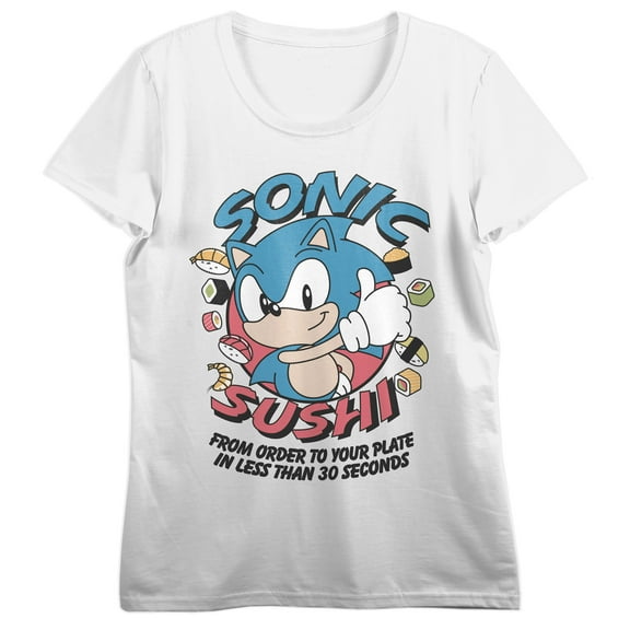 Sonic The Hedgehog Classic Food Frenzy Crew Neck Short Sleeve Women's White T-shirt 
-Small