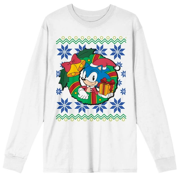 Sonic The Hedgehog Classic Sonic WIth A Gift And Christmas Wreath Crew Neck Long Sleeve White Unisex Adult Tee-XXL