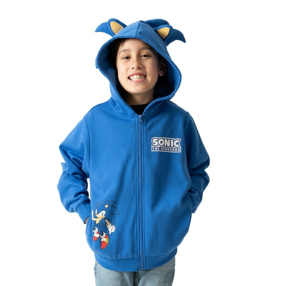 Sonic The Hedgehog Cosplay With Foam Ears Long Sleeve Blue Boy's Zip Up Hooded Sweatshirt-Large