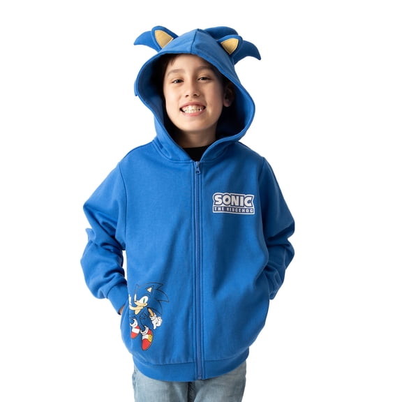 Sonic The Hedgehog Cosplay With Foam Ears Long Sleeve Blue Boy's Zip Up Hooded Sweatshirt-Large