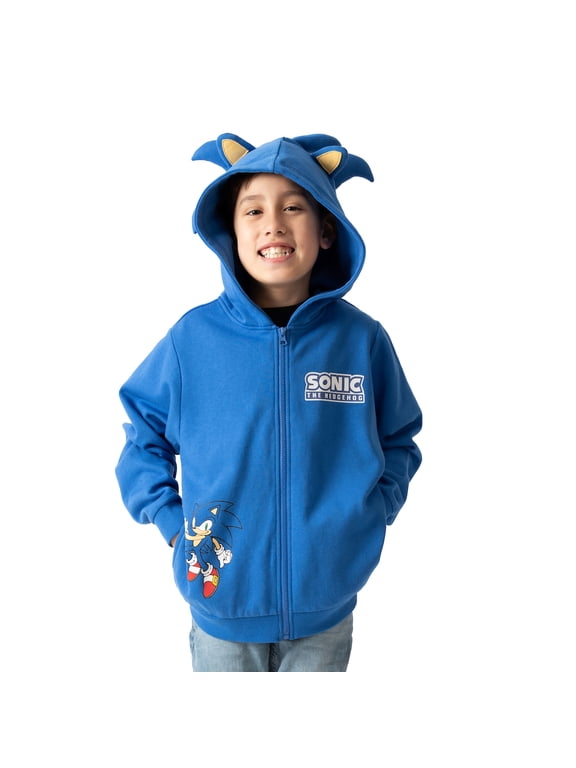 Sonic The Hedgehog Cosplay With Foam Ears Long Sleeve Blue Boy's Zip Up Hooded Sweatshirt-Medium