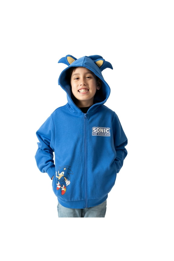 Sonic The Hedgehog Cosplay With Foam Ears Long Sleeve Blue Boy's Zip Up Hooded Sweatshirt-XL