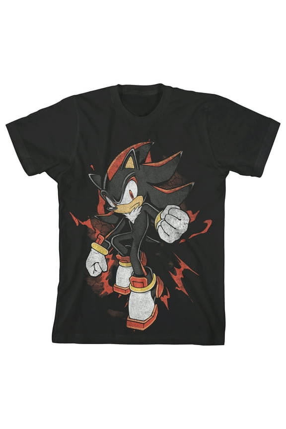 Sonic The Hedgehog Distressed Shadow Bursting Out Youth Black Crew Neck Short Sleeve T-shirt-XS