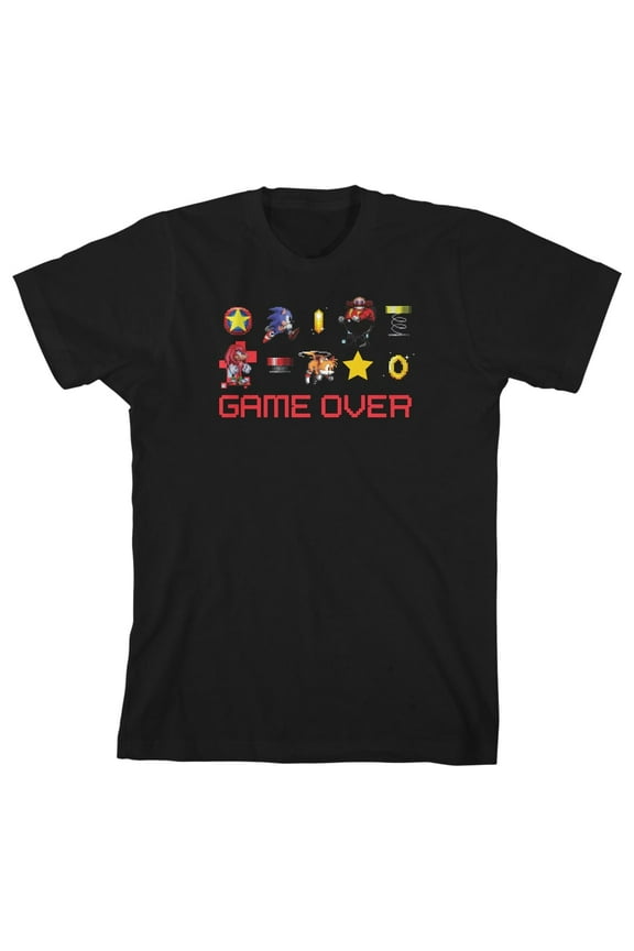 Sonic The Hedgehog Game Over Pixel Characters Boy's Black T-shirt-XL