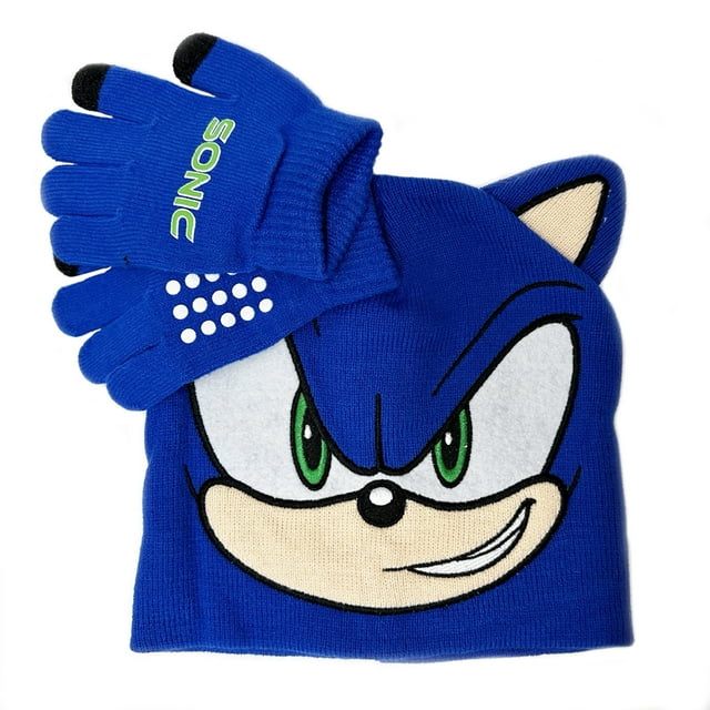 Sonic The Hedgehog Kids Winter Cap With Gloves: Blue Knitted Beanie, 3D ...