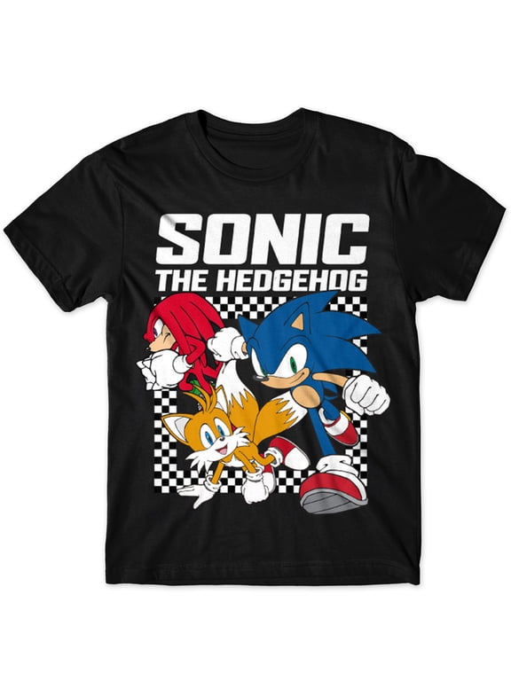 Sonic The Hedgehog Knuckles Miles Group T-Shirts w Checker Frame for Youth Kid Black - Small