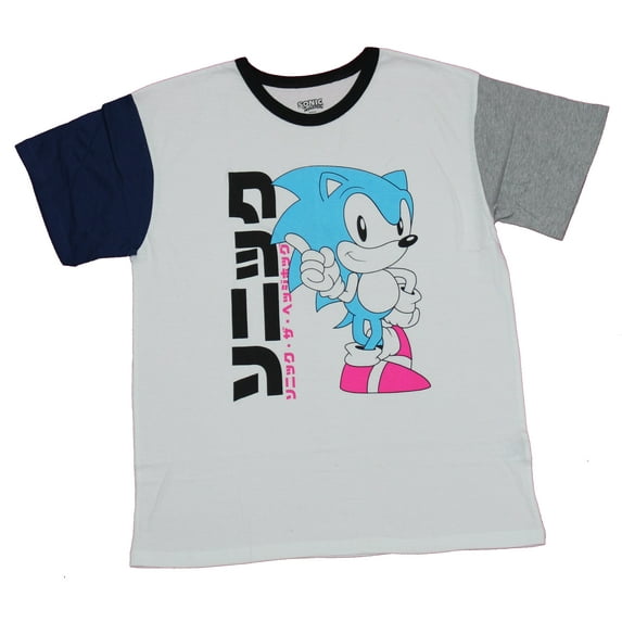 Sonic The Hedgehog Mens T-Shirt - Multicolor Ringer Standing Kanji Image (Large)