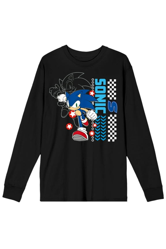 Sonic The Hedgehog Modern Blue Hedgehog Crew Neck Long Sleeve Black Adult Tee-XL