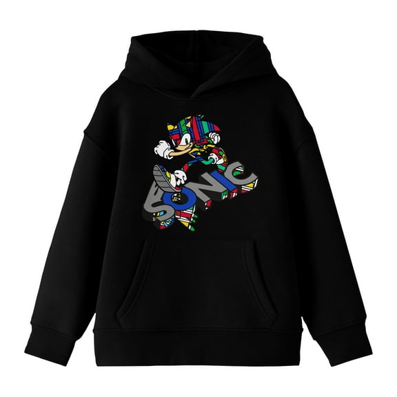 Sonic The Hedgehog Modern Sonic Pop Dimension Color Art Long Sleeve Youth Black Hooded Sweatshirt-Medium